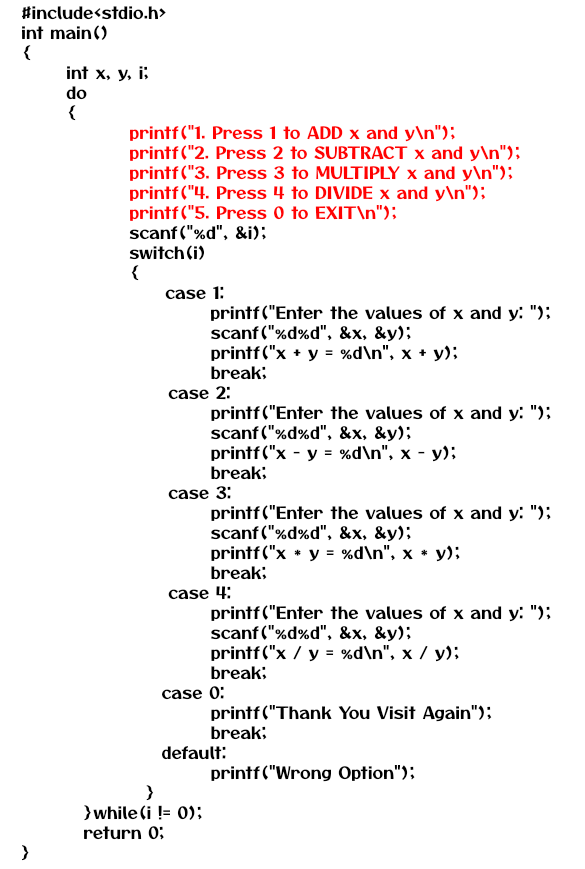 Creating User Interface using switch and do while loop in C Example